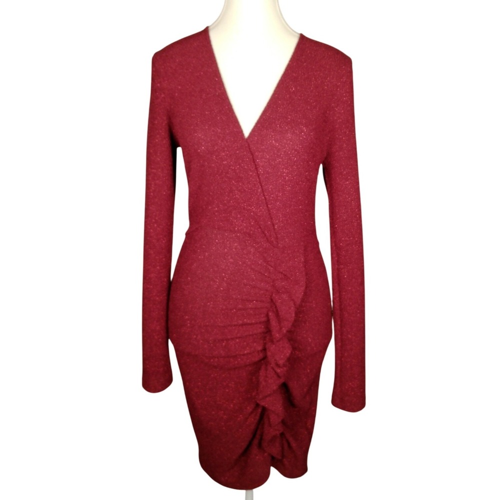 DOUBLE CRAZY Burgundy Sparkle Ruched V Neck Long Sleeve Mini Dress Size M
